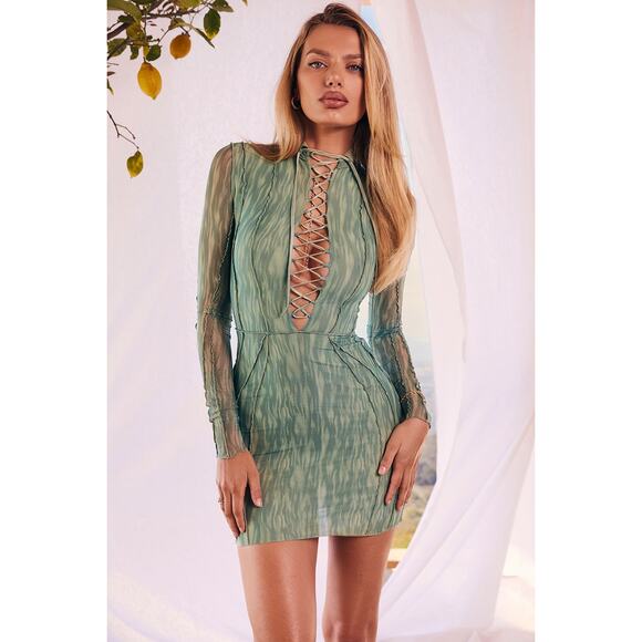 House of CB Dylan Lace Up Mini Dress Ivy Printed Mesh Size M - Picture 1 of 12